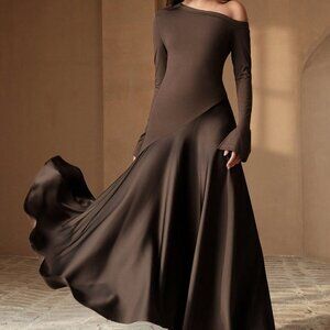 Coffee Brown Elegant Women's High-End Patchwork Slim-Fit Long Sleeve Dress